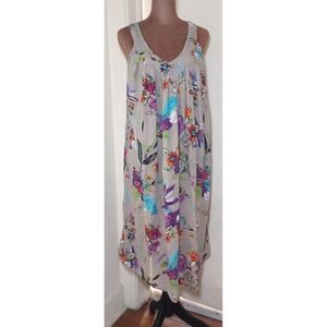 Wayan Natural Wear One Sz Floral Boho Knee Length Swing Dress Sleeveless Pockets